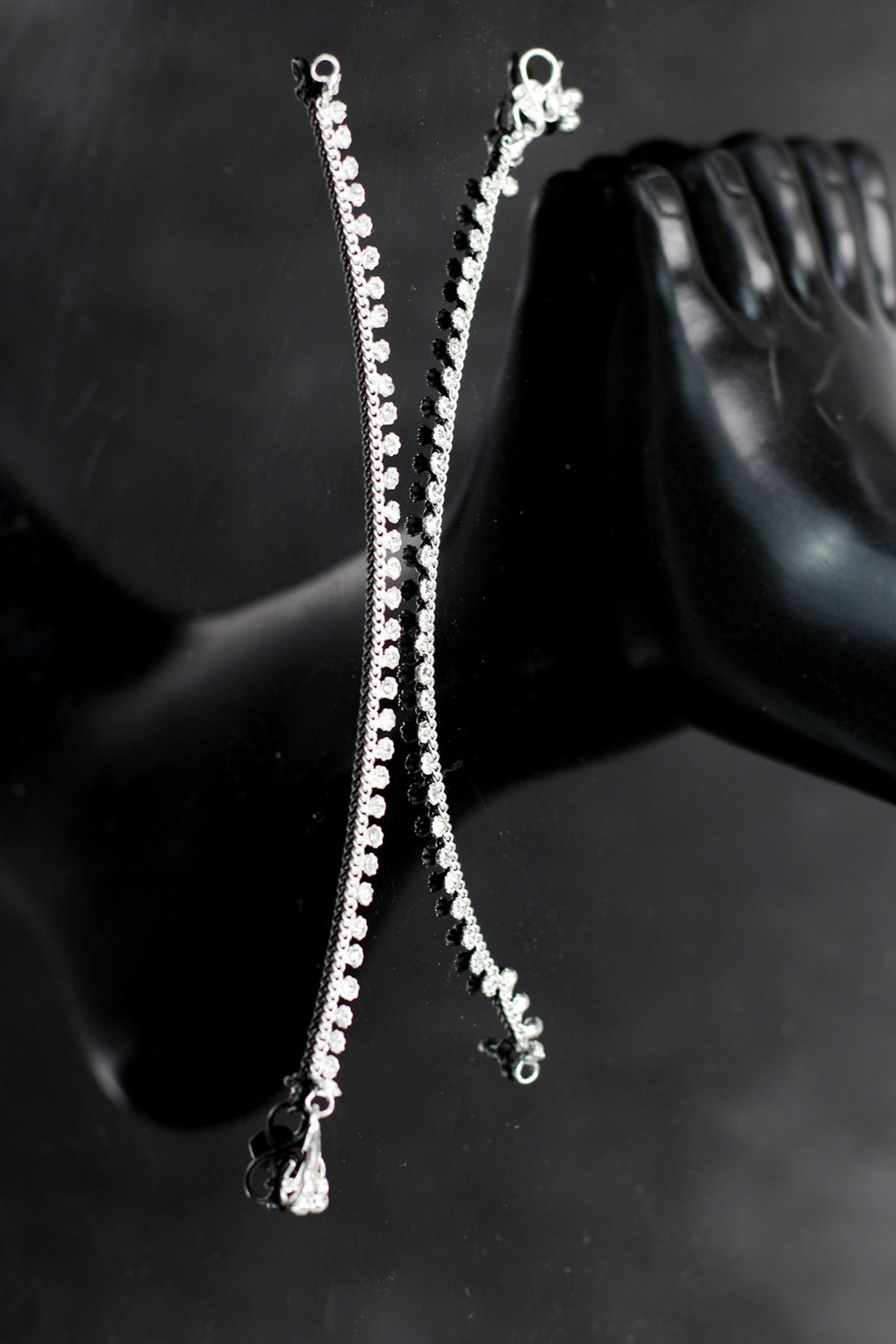 Traditional Silver-Plated Anklet with White Stones, Delicate South Indian Style for Daily Wear and Festive Outfits - Silver