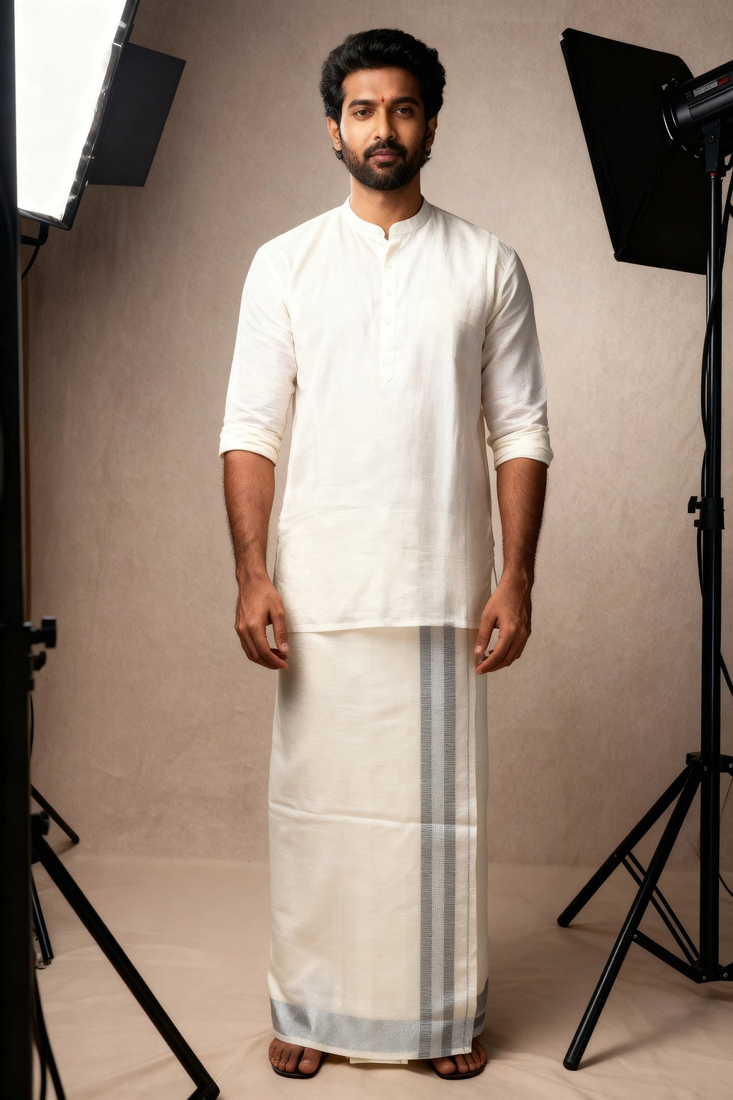 Men Off-White Cotton Dhoti with Silver Zari Border (2 Metre Single Veshti) - Silver & White Zari