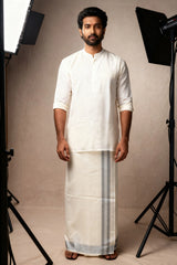 Men Off-White Cotton Dhoti with Silver Zari Border (2 Metre Single Veshti) - Silver & White Zari