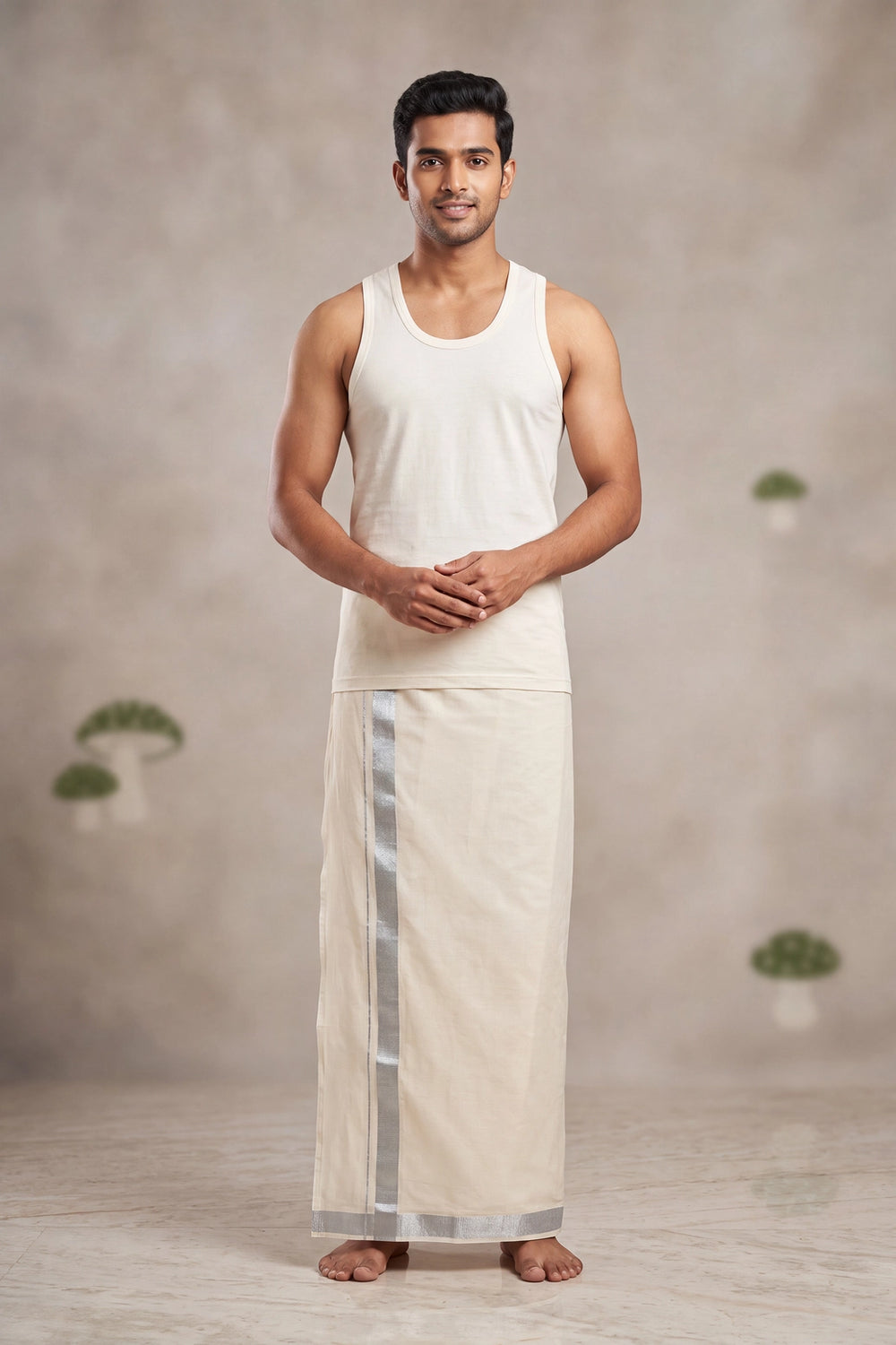 Men Off-White Cotton Dhoti with Silver Zari Border (2 Metre Single Veshti) - Silver Zari
