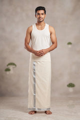Men Off-White Cotton Dhoti with Silver Zari Border (2 Metre Single Veshti) - Silver Zari