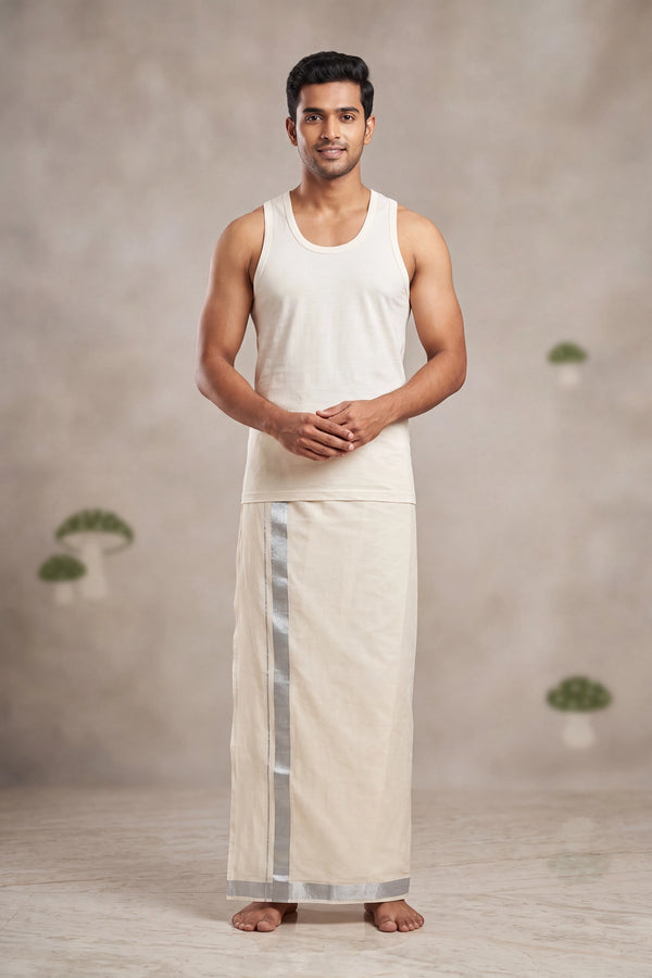 Men Off-White Cotton Dhoti with Silver Zari Border (2 Metre Single Veshti) - Silver Zari