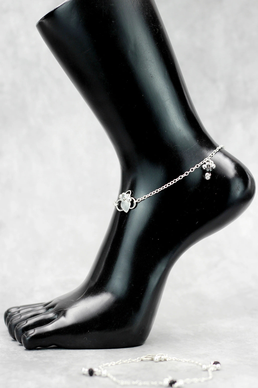 Traditional Silver-Plated South Indian Anklet with Black Beads, Foot Chain for Women - Silver