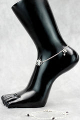 Traditional Silver-Plated South Indian Anklet with Black Beads, Foot Chain for Women - Silver