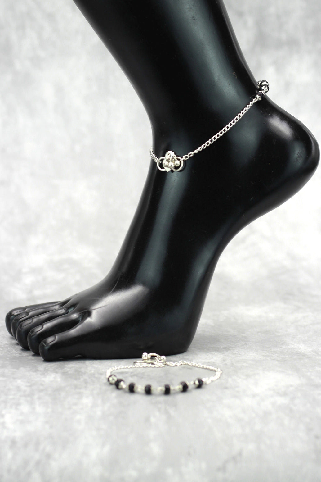 Silver-Plated Traditional Anklet with Black Beads and Flower Charm for Daily Wear and Festive Outfits - Silver