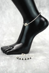 Silver-Plated Traditional Anklet with Black Beads and Flower Charm for Daily Wear and Festive Outfits - Silver