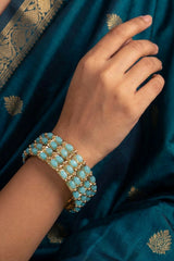 Traditional Gold-Plated Bangles with Beaded Stones (Green/White/Sky Blue) - Statement Ethnic Bracelet for Women