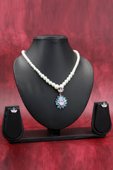 Pearl Necklace Set with Floral Teardrop Pendant and Matching Earrings - Baby Pink, Yellow, Navy Blue, Sky Blue, Green, Red - Sky Blue