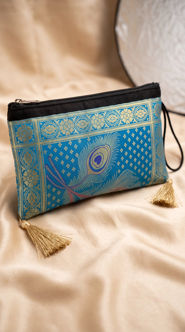Banarasi Brocade Zip Pouch Clutch with Tassel, Embroidered Nylon Ethnic Clutch for Women - Sky Blue