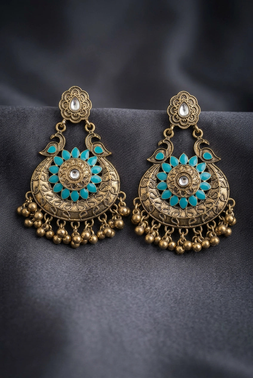 Antique Finish Peacock Chandbali Earrings with Blue-Turquoise Stone & Ghungroo Tassels for Festive Wear - Teal Blue