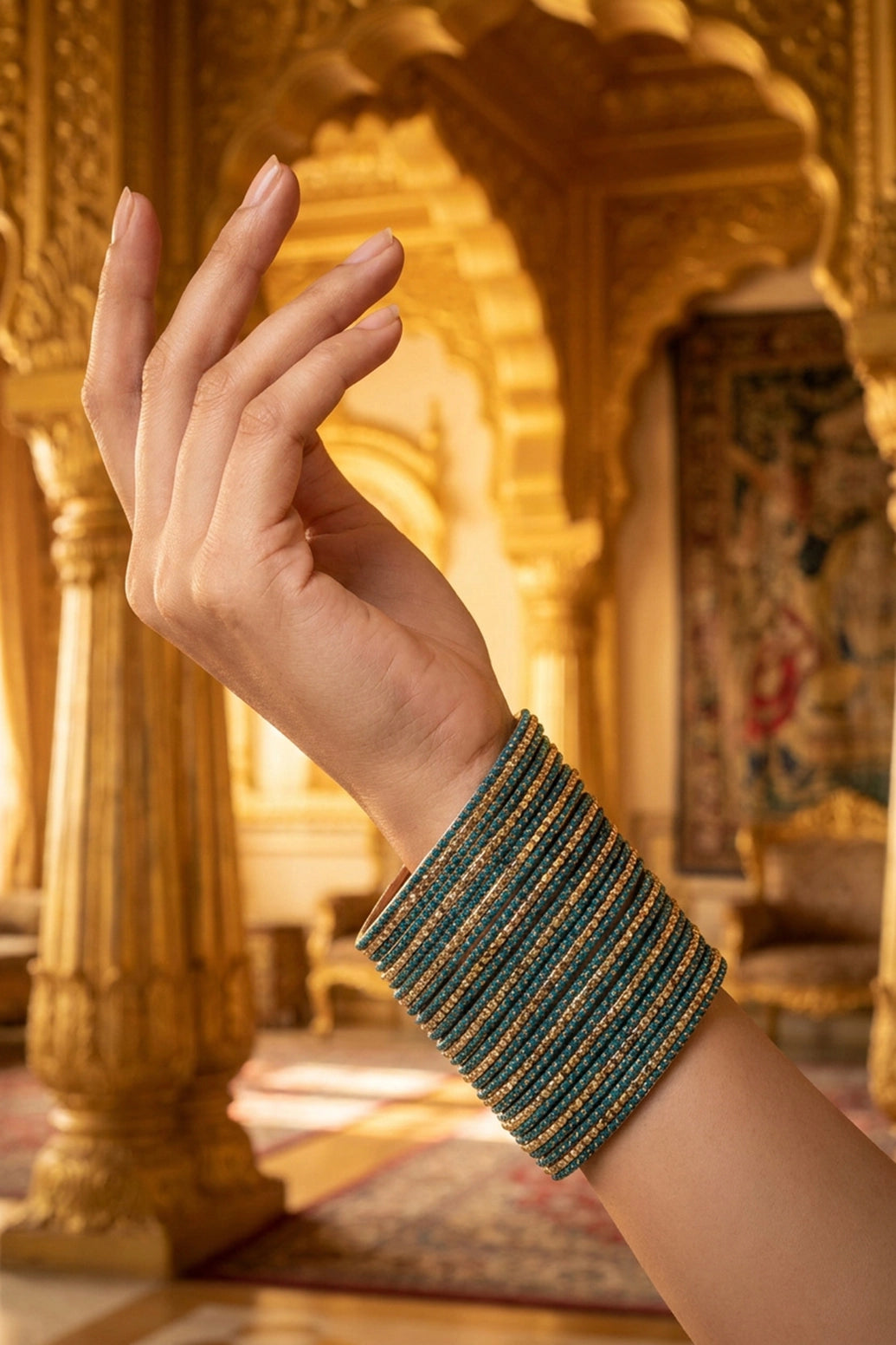 Stone Studded Metallic Bangle Set with Sparkling Rows - Teal Blue, Green & Maroon - Teal Blue