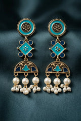 Antique Gold-Tone Ethnic Dangler Earrings with Teal/Mauve Enamel & Pearl Drops, Floral Motifs - Teal Blue & Navy Blue