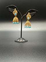 Antique Leaf-Design Jhumka Earrings for Women — Gold-Tone Traditional Jhumkas with Colour Bead Drops Jewelry JCS Fashions Teal Blue 1.5 inch