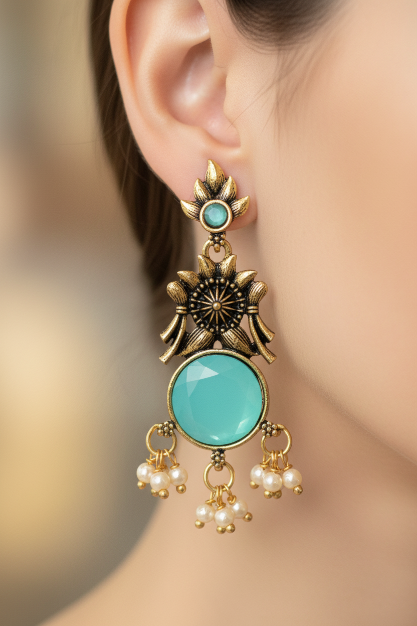 Gold-Tone Floral Chandbali Earrings with Round Stone & Pearl Drops