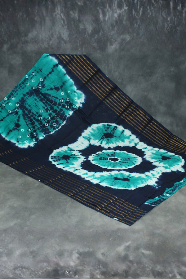 Teal Green Bandhani Sungudi Cotton Saree with Navy Zari-Striped Border Saree JCS Fashions