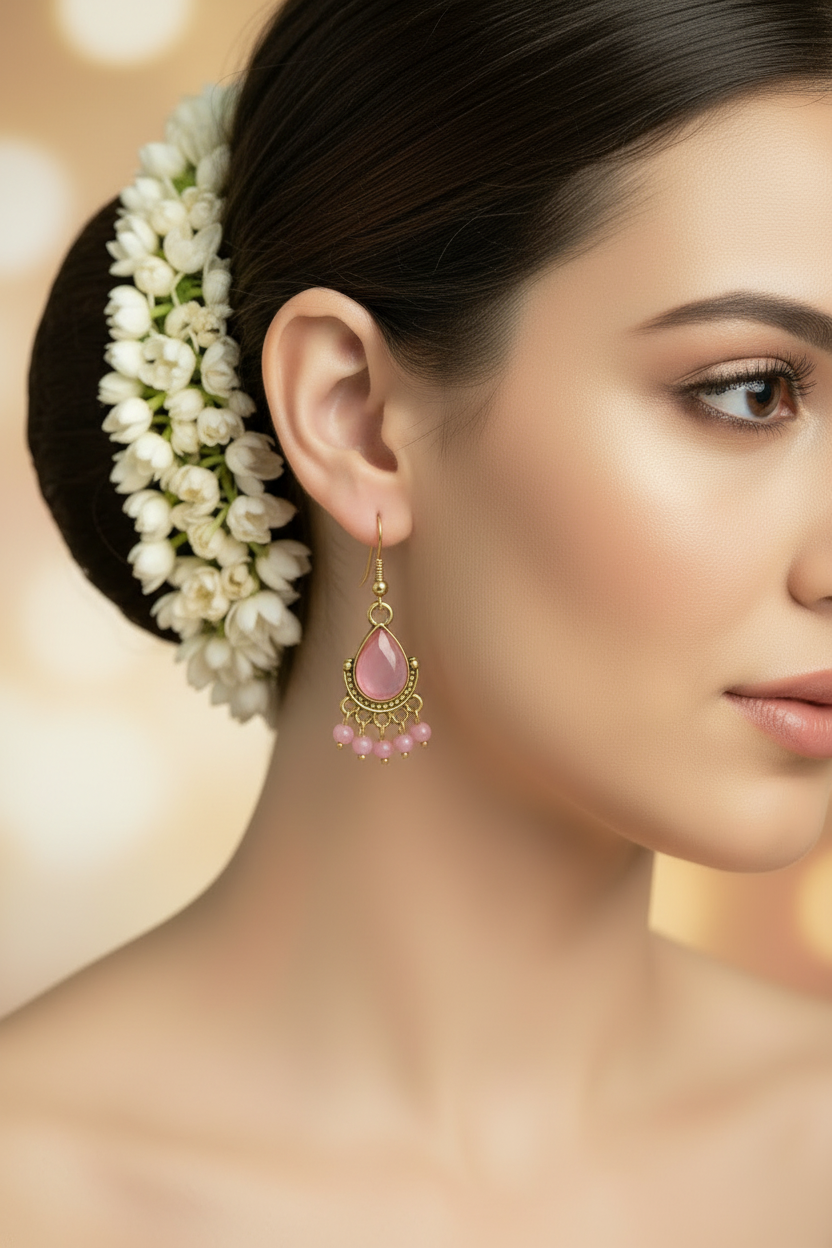 Traditional Teardrop Gold-Plated Beaded Dangle Earrings