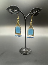 Antique Gold-Tone Arch Drop Earrings with Bead Fringe-Multiple Colours Jewelry JCS Fashions Teal blue 2.2 inch