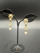 Antique Look Floral Jhumka Earrings – Gold-Tone Jhumki with Coloured Bead Drop (1.5 inch) Jewelry JCS Fashions