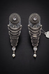Oxidized Silver-Tone Statement Earrings with Pearl Drop and Teardrop Stones for Traditional Wear - White
