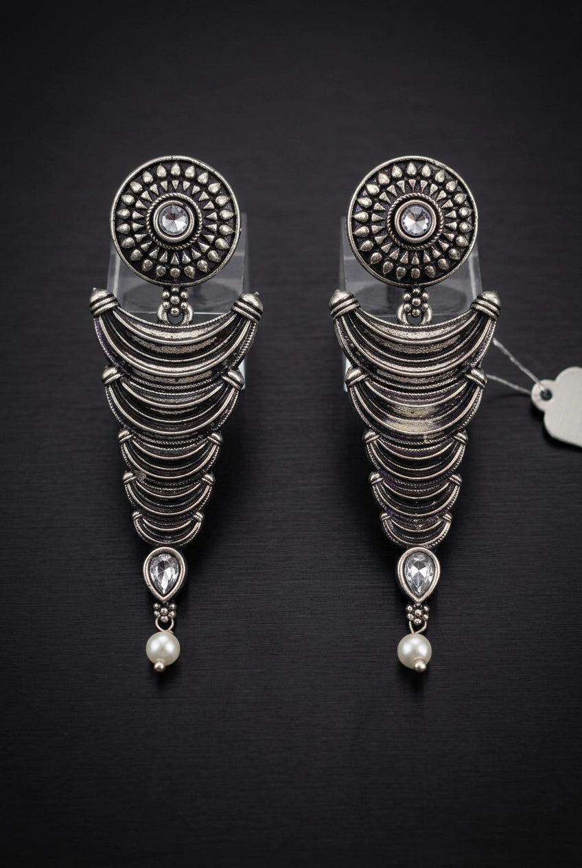 Oxidized Silver-Tone Statement Earrings with Pearl Drop and Teardrop Stones for Traditional Wear - White