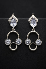 Silver-Tone Stone Drop Earrings with Circular Cluster Design for Women - White