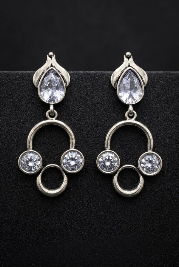 Silver-Tone Stone Drop Earrings with Circular Cluster Design for Women - White