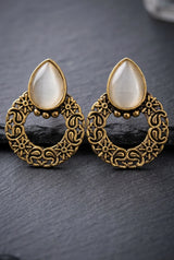 Antique Gold-Tone Teardrop Statement Earrings with Teardrop Stone and Floral Hoop Design - White