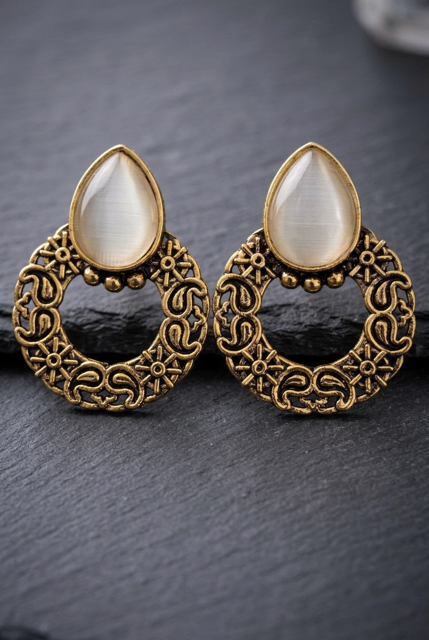 Antique Gold-Tone Teardrop Statement Earrings with Teardrop Stone and Floral Hoop Design - White