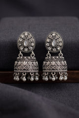 Oxidized Silver Tone Jhumka Earrings with Oval Stud Top & Filigree Teardrop Motif for Women - White