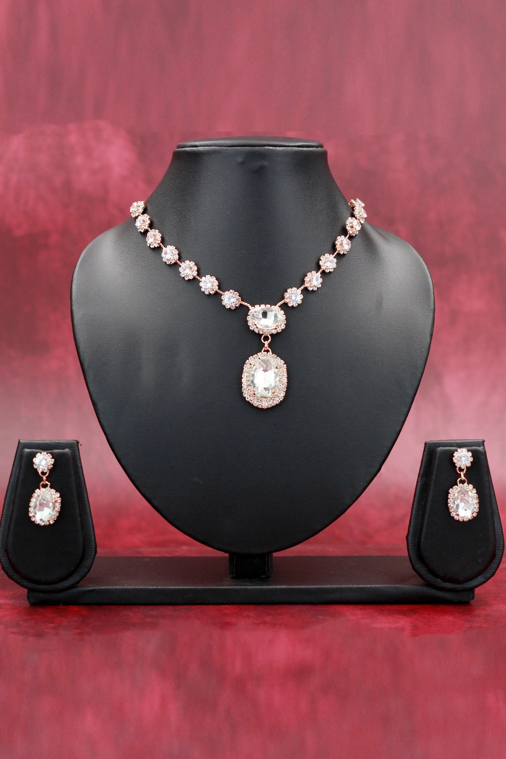 Rose Gold Oval Stone Necklace Set with Matching Drop Earrings for Women (Maroon/Black/White/Rainbow) - White
