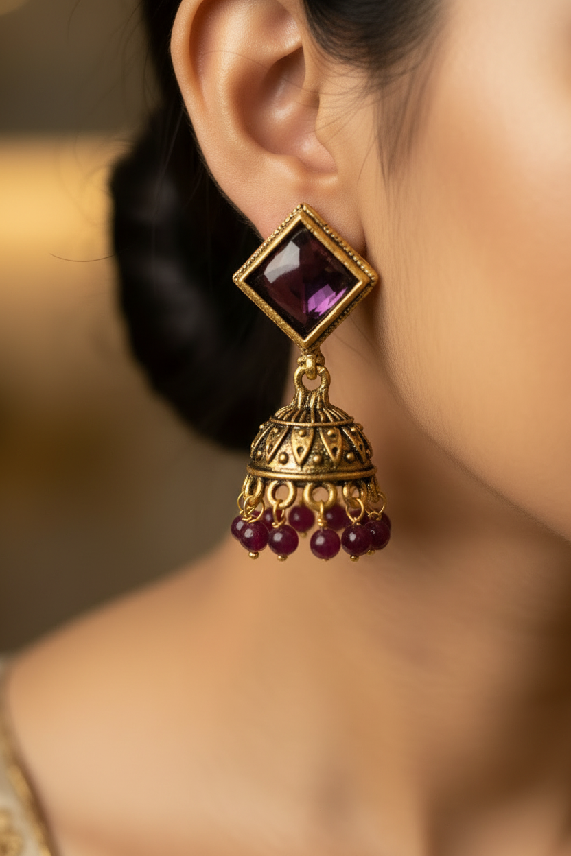 Oxidized Gold-Look Jhumka Earrings with Square Stone & Beads