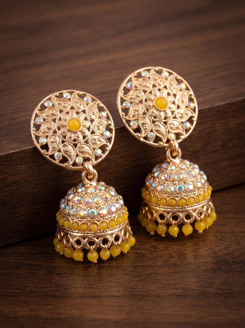Traditional Jhumka Earrings with Floral Filigree and Beaded Drops in Red, Maroon & Yellow - Yellow