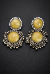 Antique Silver-Tone Drop Earrings with Round Stone Cabochons & Beaded Dangles - Yellow