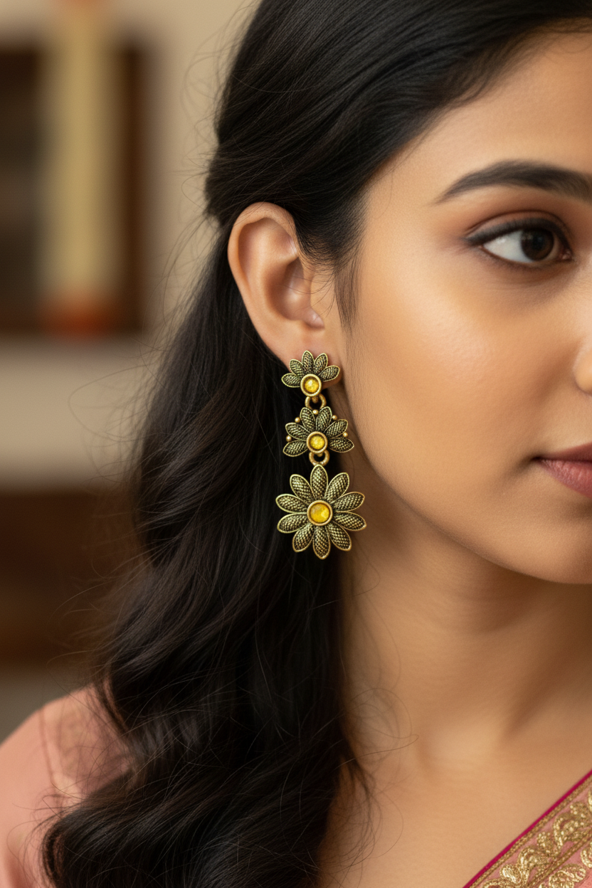Antique Gold-Tone Floral Drop Earrings with Multi-Colored Stones