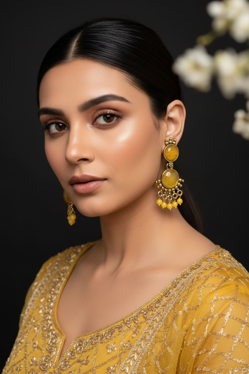 Yellow Gold-Tone Multicolor Beaded Ethnic Jhumka