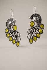 Oxidized Peacock Feather Drop Earrings in Silver-Tone with Peach/Green/Yellow Stones - Yellow