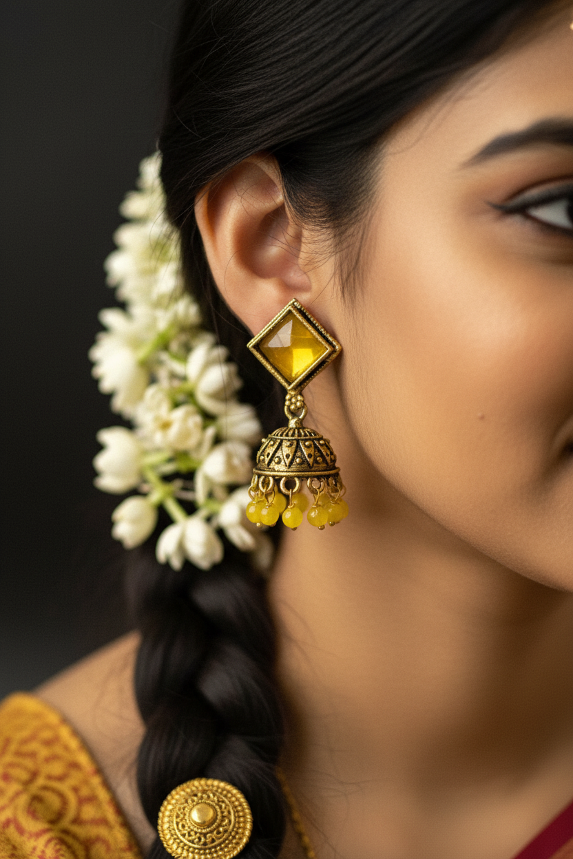 Oxidized Gold-Look Jhumka Earrings with Square Stone & Beads