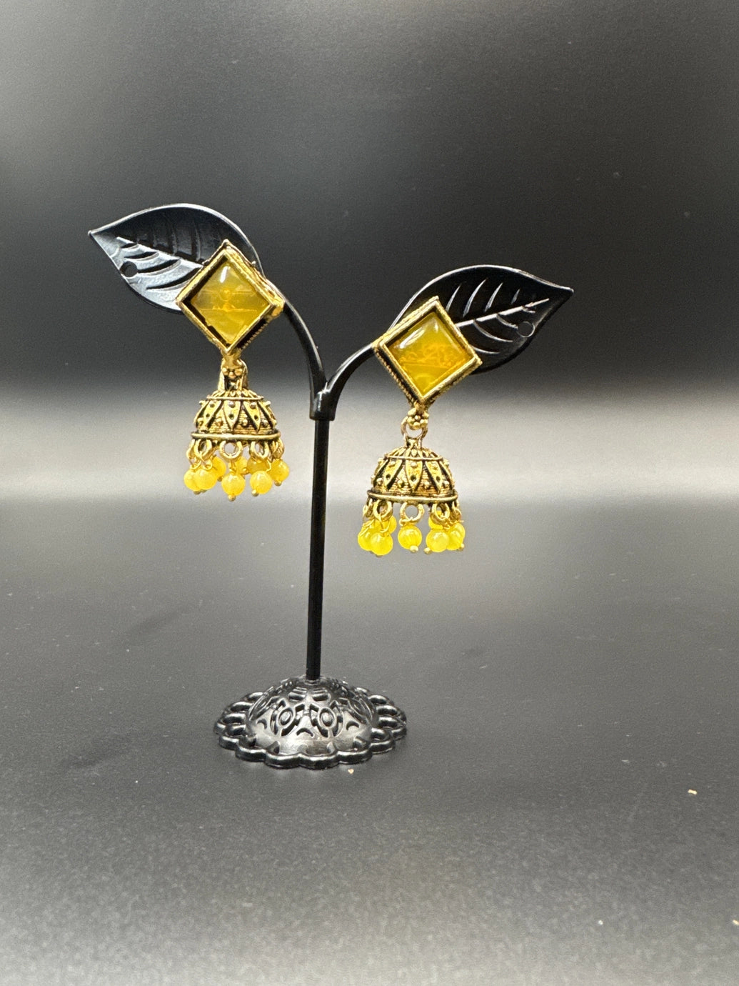 Oxidized Gold-Look Jhumka Earrings with Square Stone & Beads Jewelry JCS Fashions Yellow 1.50 inch