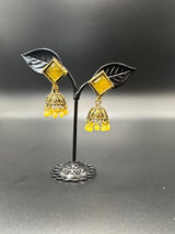 Oxidized Gold-Look Jhumka Earrings with Square Stone & Beads Jewelry JCS Fashions Yellow 1.50 inch