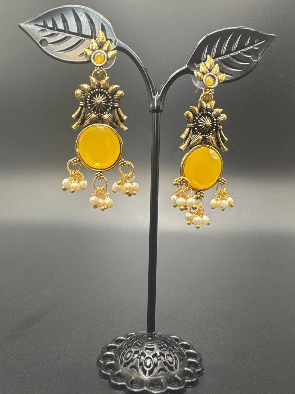 Gold-Tone Floral Chandbali Earrings with Round Stone & Pearl Drops