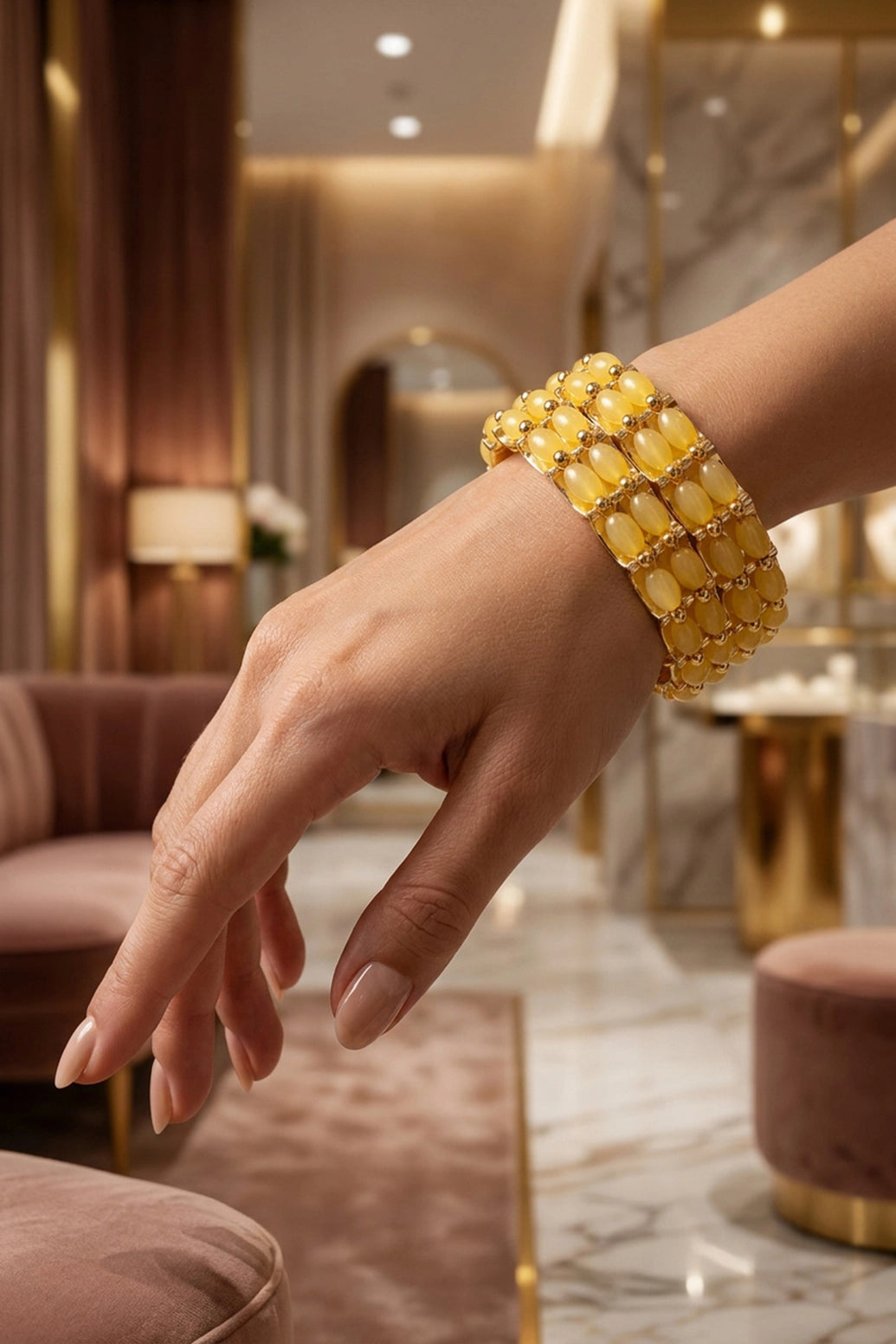 Gold-Plated Beaded Stone Bangles - Traditional Ethnic Stackable Bracelet for Women (Royal Blue, Yellow, Lavender) - Yellow