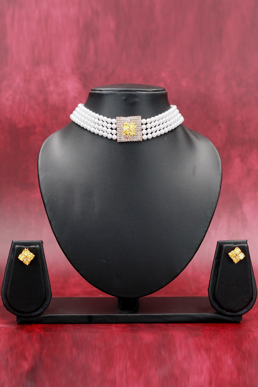 Pearl Choker Necklace Set with Stone-Embellished Pendant and Matching Stud Earrings - Yellow
