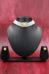 Pearl Choker Necklace Set with Stone-Embellished Pendant and Matching Stud Earrings - Yellow