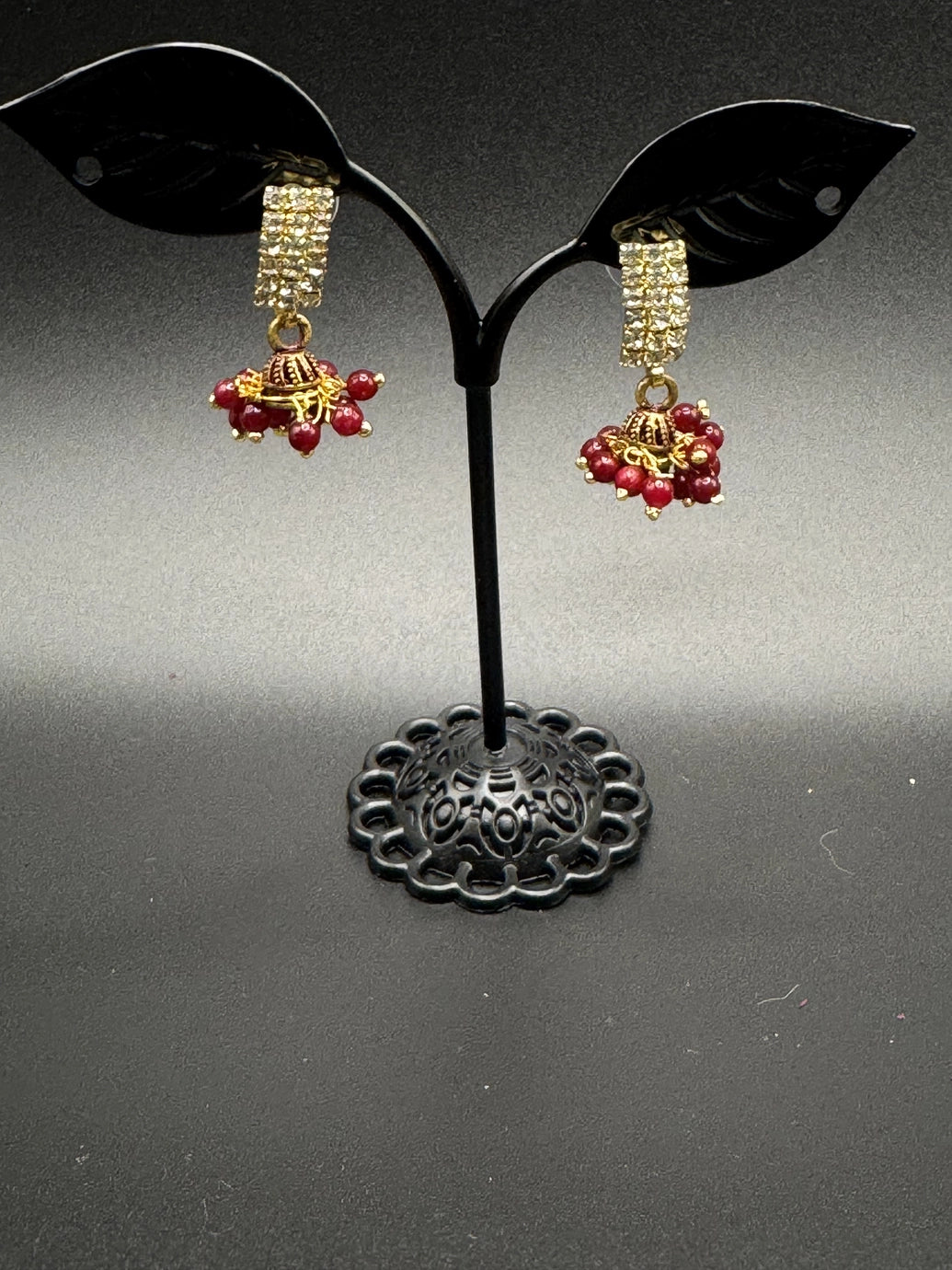 Gold Look Crystal Stud Jhumka Earrings - Traditional Fashion Jewelry Jewelry JCS Fashions Maroon 1 inch