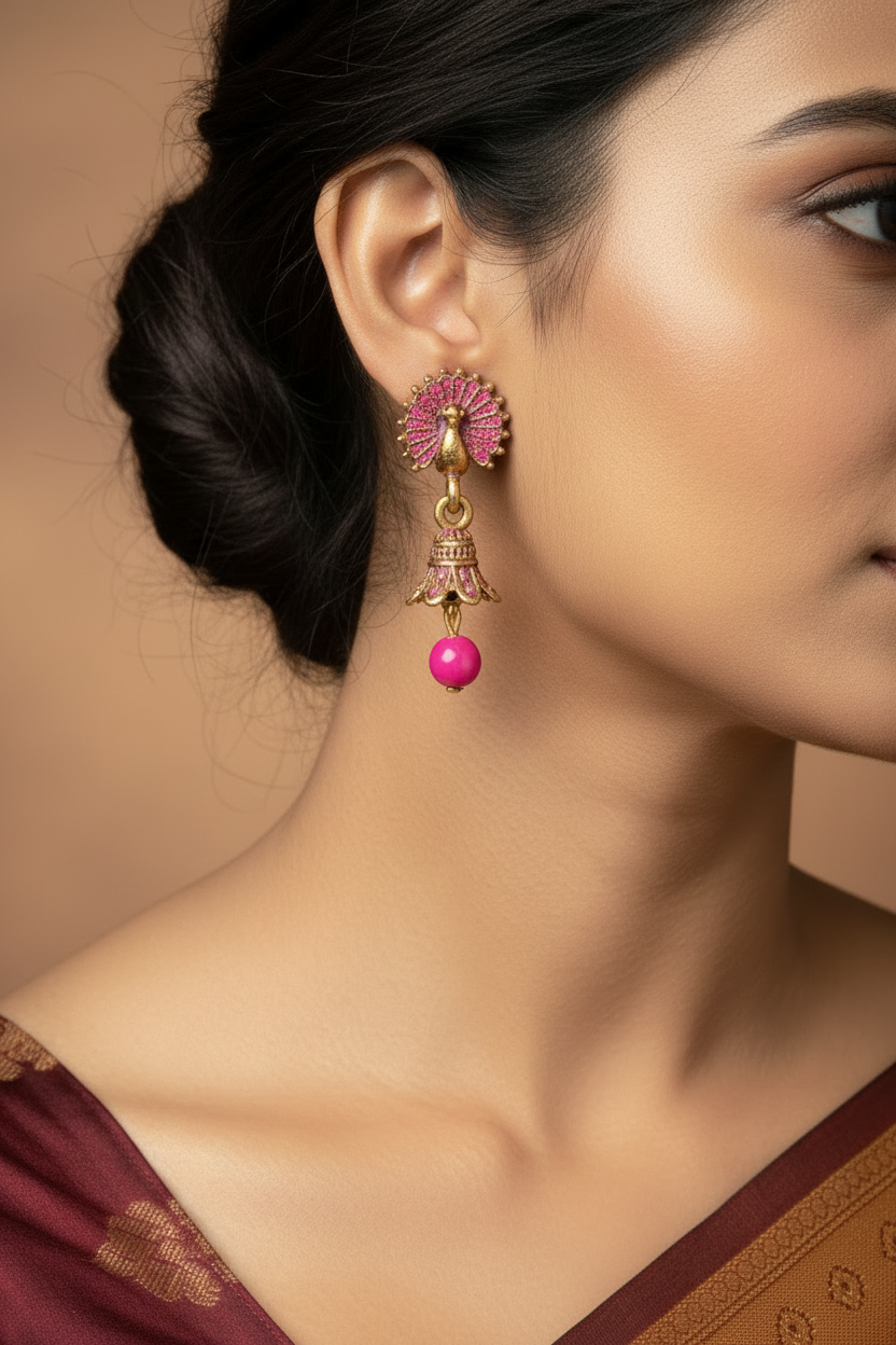 Antique Look Peacock Jhumka Earrings in Multiple Colors