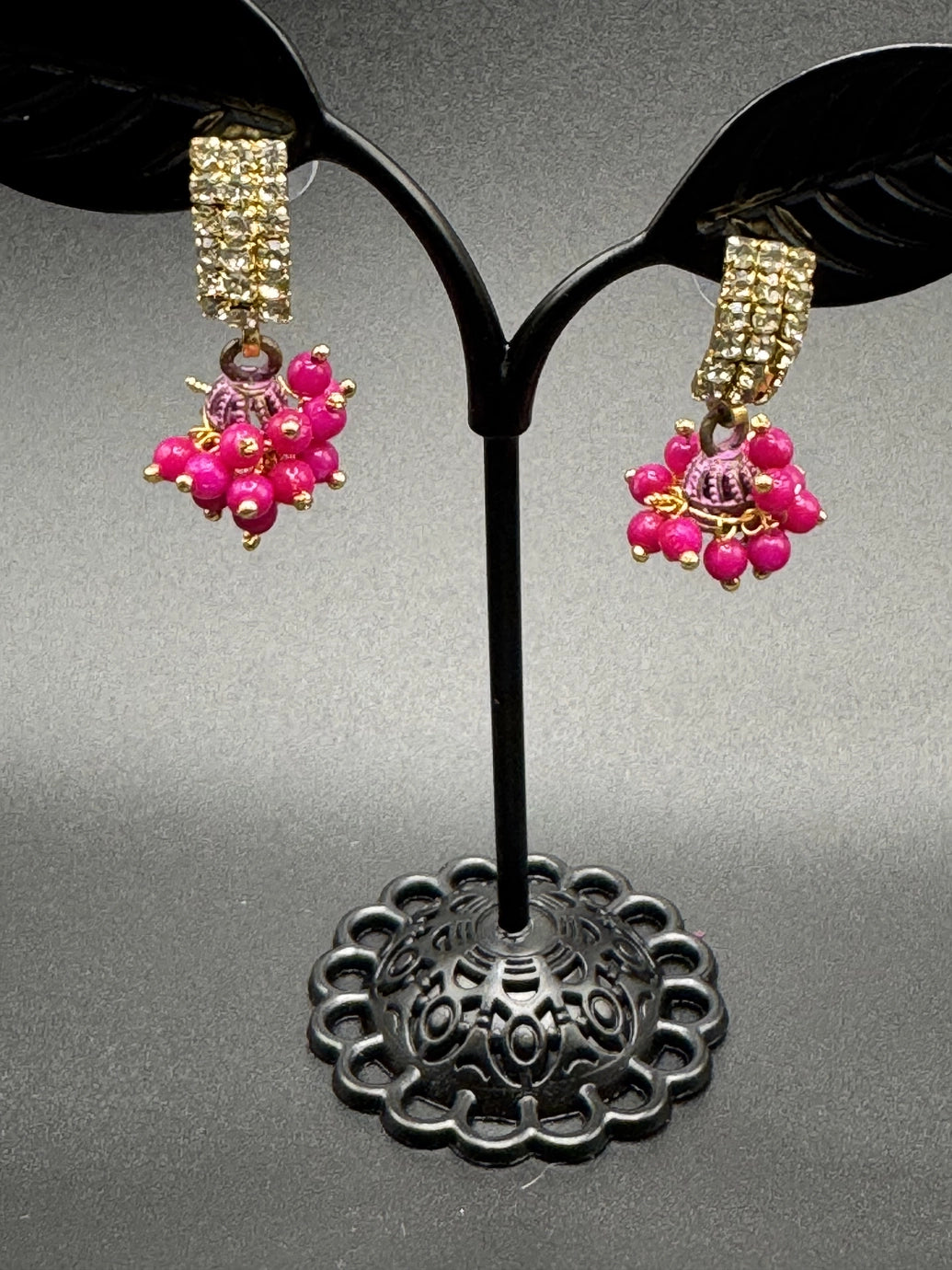 Gold Look Crystal Stud Jhumka Earrings - Traditional Fashion Jewelry Jewelry JCS Fashions Rani Pink 1 inch