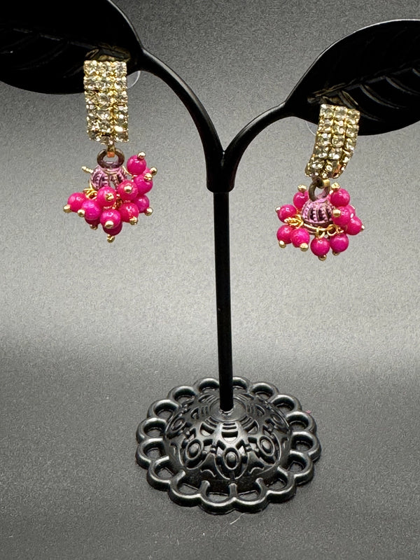 Gold Look Crystal Stud Jhumka Earrings - Traditional Fashion Jewelry Jewelry JCS Fashions Rani Pink 1 inch