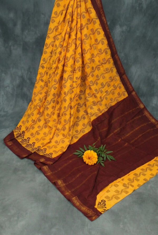 Yellow Floral Print Poly Cotton Saree - Lightweight & Festive Wear Saree JCS Fashions Yellow 5.5 meters