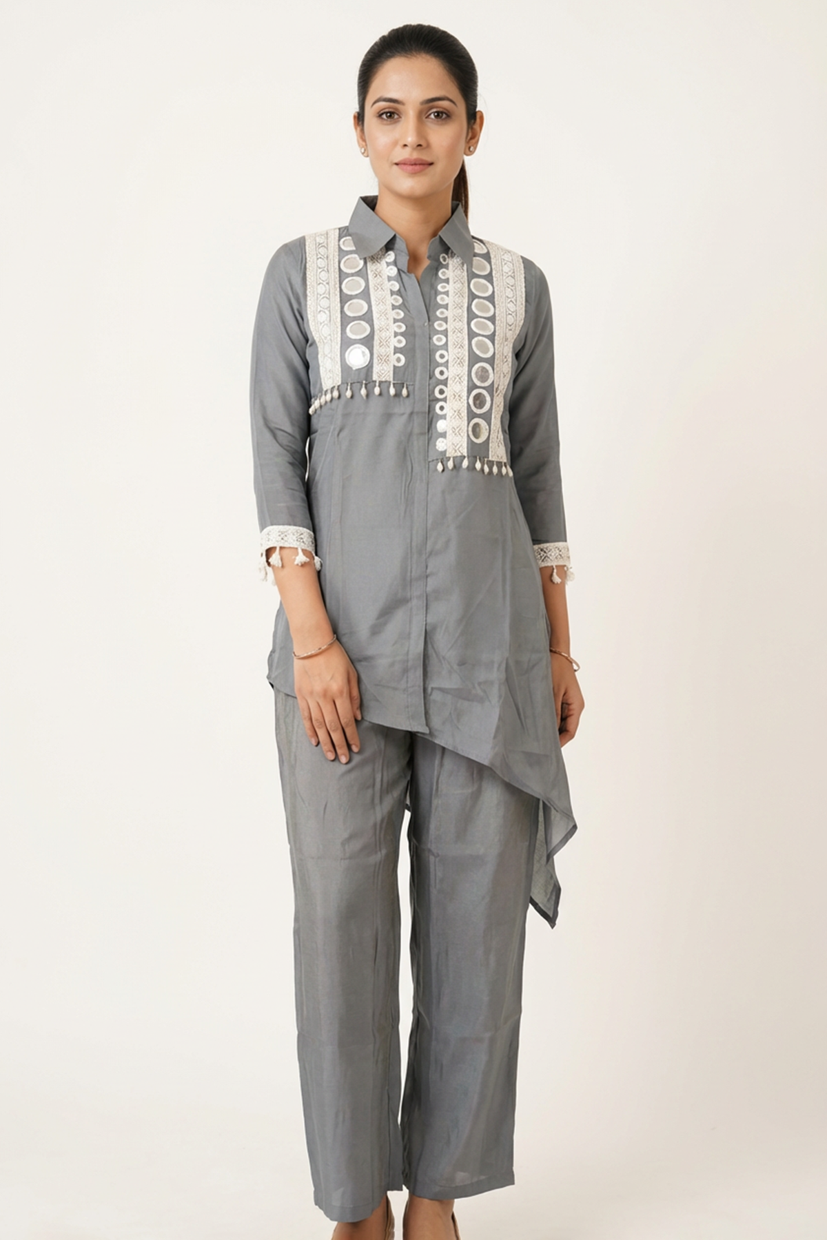 Grey Cotton-Rayon Pakistani Collar Kurti Two-Piece Set with Mirror Work and White Lace Border — Top with Elastic Pants Kurti JCS Fashions