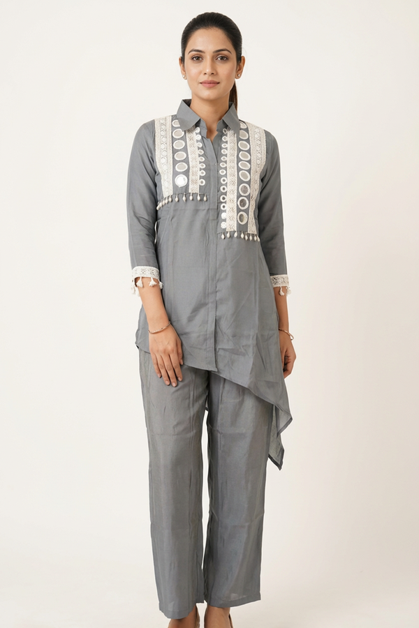 Grey Cotton-Rayon Pakistani Collar Kurti Two-Piece Set with Mirror Work and White Lace Border — Top with Elastic Pants Kurti JCS Fashions